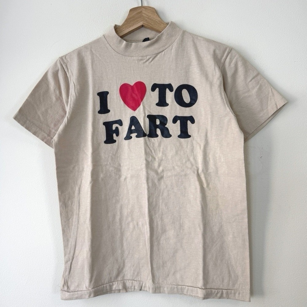 Vintage 80's I Love To Fart Heart Funny Tan Single Stitch Tee Shirt - Small